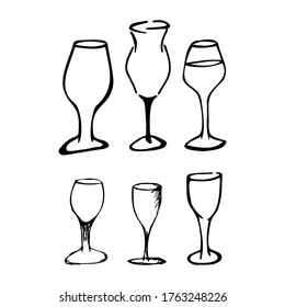 Hand drawn doodle glass set. Contour sketch. Vector transparent illustration isolated on white background. Decoration element for cards, banner, posters, prints, emblems.