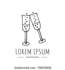 Hand drawn doodle glass with sparkling wine. Love and Feelings symbol. Vector illustration. Sketchy icon for Valentine's day, Mothers day, wedding, love or romantic event. Cheers!