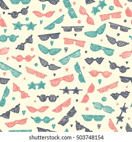  Hand Drawn Doodle Glasses Seamless pattern. Fashionable accessories. Different shapes sunglasses, eyeglasses Vector background