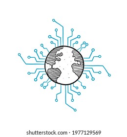 hand drawn doodle global cyber technology illustration icon
