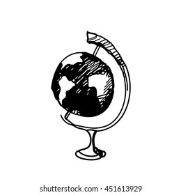 Hand drawn doodle globe. Black outline, white background. Geography, school, education.