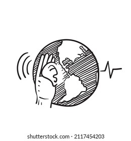 doodle dibujado a mano globo terrestre con el vector de la ilustración de la audición del oído
