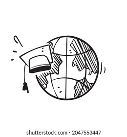 hand drawn doodle globe and graduation hat symbol for international education online icon