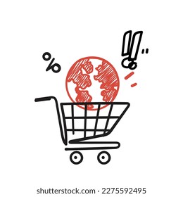 handgezeichnete Doodle-Globe auf Einkaufskartengrafik, Vektorgrafik