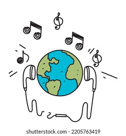 hand drawn doodle globe wearing headset listening to music illustration vector