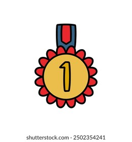 Hand Drawn Doodle Gold Medal Badge with Blue and Red Ribbon Illustration. First Place Trophy Sticker Clip Art Icon Isolated on White Background Vector EPS 10
