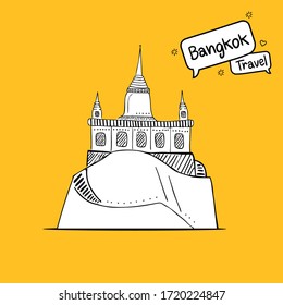 Hand drawn doodle. Golden mount temple in Bangkok, Thailand