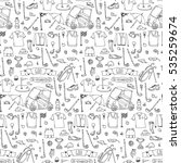 Hand drawn doodle Golf icons set pattern. Vector illustration. Game collection. Cartoon golfing various sketch elements: clubs, tee, bag, cart, sport cloth, shoes, polo shirt, umbrella, flag, hole.