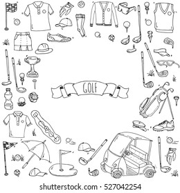 Hand drawn doodle Golf icons set. Vector illustration. Game collection. Cartoon golfing various sketch elements: clubs, tee, bag, cart, sport cloth, shoes, polo shirt, umbrella, flag, hole, grass Golf