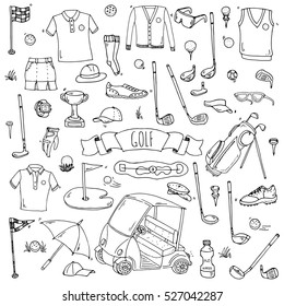 Golf Sport Hand drawn sketch set vector illustration with golf clubs, ball,  tee, hole with flag, and prize cup, Drawing doodles elements collection, on  chalkboard background Stock Vector