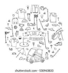 Hand drawn doodle Golf icons set. Vector illustration. Game collection. Cartoon golfing various sketch elements: clubs, tee, bag, cart, sport cloth, shoes, polo shirt, umbrella, flag, hole, grass.