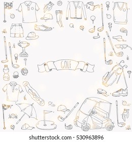 Hand drawn doodle Golf icons set. Vector illustration. Game collection. Cartoon golfing various sketch elements: clubs, tee, bag, cart, sport cloth, shoes, polo shirt, umbrella, flag, hole, grass.