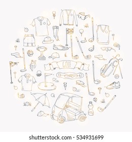 Hand drawn doodle Golf icons set. Vector illustration. Game collection. Cartoon golfing various sketch elements: clubs, tee, bag, cart, sport cloth, shoes, polo shirt, umbrella, flag, hole, grass.