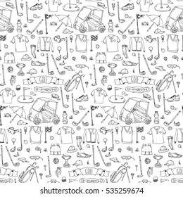 Hand drawn doodle Golf icons set pattern. Vector illustration. Game collection. Cartoon golfing various sketch elements: clubs, tee, bag, cart, sport cloth, shoes, polo shirt, umbrella, flag, hole.