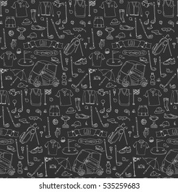 Hand drawn doodle Golf icons set pattern. Vector illustration. Game collection. Cartoon golfing various sketch elements: clubs, tee, bag, cart, sport cloth, shoes, polo shirt, umbrella, flag, hole.