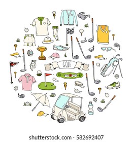 Hand drawn doodle Golf icons set. Vector illustration. Game collection. Cartoon golfing various sketch elements: clubs, tee, bag, cart, sport cloth, shoes, polo shirt, umbrella, flag, hole, grass.