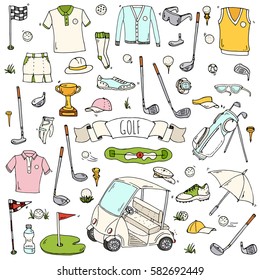 Hand drawn doodle Golf icons set. Vector illustration. Game collection. Cartoon golfing various sketch elements: clubs, tee, bag, cart, sport cloth, shoes, polo shirt, umbrella, flag, hole, grass.