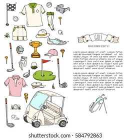 Hand drawn doodle Golf icons set. Vector illustration. Game collection. Cartoon golfing various sketch elements: clubs, tee, bag, cart, sport cloth, shoes, polo shirt, umbrella, flag, hole, grass.