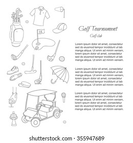 Hand drawn doodle Golf set collection Vector illustration for golfing article, Sketchy Golf icons Golf flyer in line style vector Golfer Equipment Golf club background Ball Bag Flag Putter Golf cart 