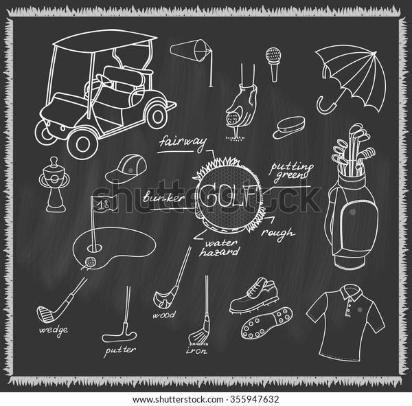 Hand drawn doodle Golf set collection Vector\
illustration for golfing article, Sketchy Golf icons Golf flyer in\
line style vector Golfer Equipment Golf club background Ball Bag\
Flag Putter Golf cart 