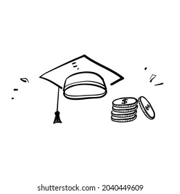 hand drawn doodle graduation hat and money illustration for tuition fee