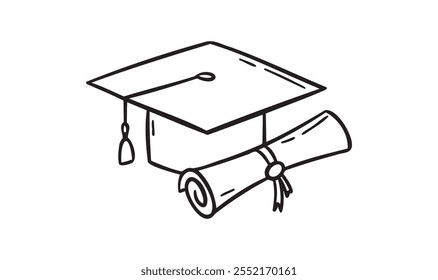 Hand drawn doodle Graduation hat icon with diploma. Education hat line for college student drawing. Vector illustration