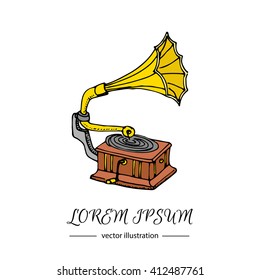Hand drawn doodle Gramophone Vector illustration musical instrument and symbols icon collections Cartoon sound concept elements Sketch Design template