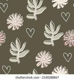 Papel pintado a mano de doodle verde impecable con flores. Patrón vectorial de línea blanca para papel, tela, libro, dormitorio, niños.
