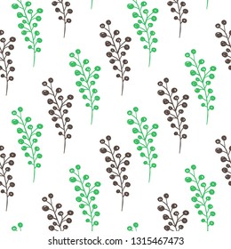 Hand drawn doodle green spring floral seamless pattern with flowers. Decorative vector background