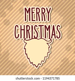Hand drawn doodle greeting card with Santa beard and Merry Christmas words over textured striped vintage brown background. Holiday vector illustration.