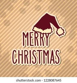 Hand drawn doodle greeting card with Santa hat and Merry Christmas words over textured striped vintage brown background. Holiday vector illustration.