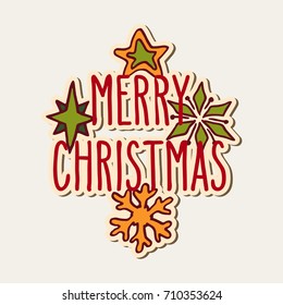 Hand drawn doodle greeting card with stars, snowflake and Merry Christmas words. Vector illustration isolated over white.