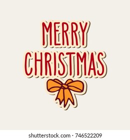 Hand drawn doodle greeting card with ribbon bow and Merry Christmas words. Vector illustration isolated over white.