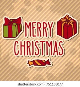 Hand drawn doodle greeting card with presents and Merry Christmas words over textured striped vintage brown background. Holiday vector illustration.