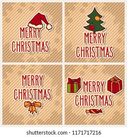 Hand drawn doodle greeting cards set with Merry Christmas words over textured striped vintage brown background. Holiday vector illustration.