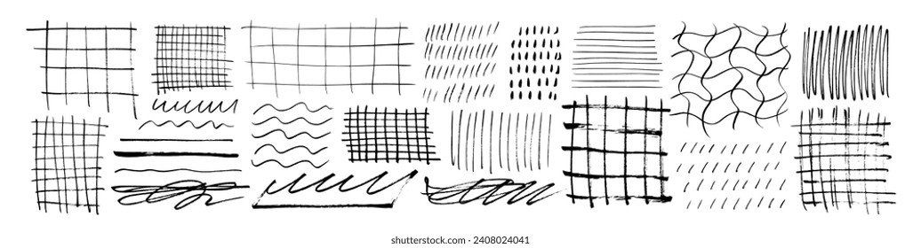 Hand drawn doodle grids and simple patterns collection. Charcoal or pencil drawing. Crayon various lines and squiggles. Abstract brush drawn grids, doodle texture for design, media templates.