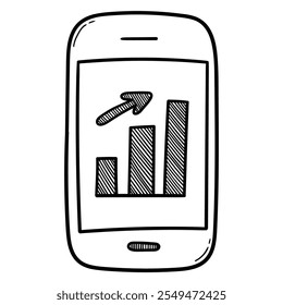 Hand drawn doodle growing chart on mobile phone screen isolated on white background. Vector illustration.