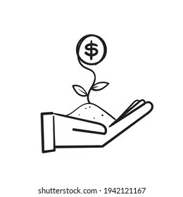 hand drawn doodle growing money on plant tree seeds  illustration vector isolated