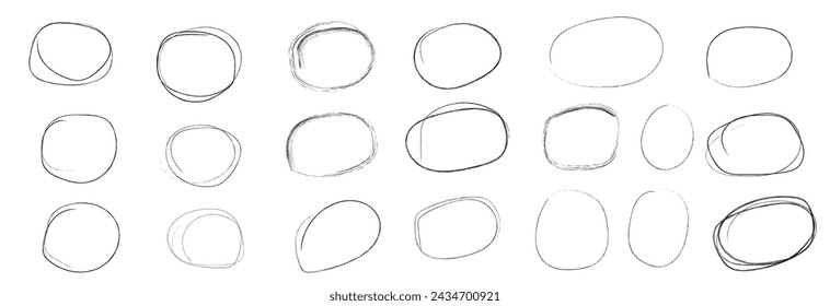 Hand drawn doodle grunge circle highlights. Charcoal pen round ovals. Marker scratch scribble in rounder. Round scrawl frames. freehand painted circular note, Vector file illustration,