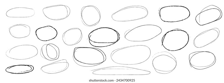 Hand drawn doodle grunge circle highlights. Charcoal pen round ovals. Marker scratch scribble in rounder. Round scrawl frames. freehand painted circular note, Vector file illustration,