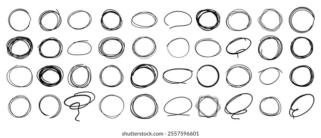 Hand drawn doodle grunge circle highlights. Charcoal pen round ovals. Marker scratch scribble inrounder. Round scrawl frames. Vector illustration of freehand painted circular note