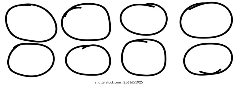 Hand drawn doodle grunge circle highlights. Charcoal pen round ovals. Marker scratch scribble in rounder. Round scrawl frames. Vector illustration of freehand painted circular note. Design eps 10