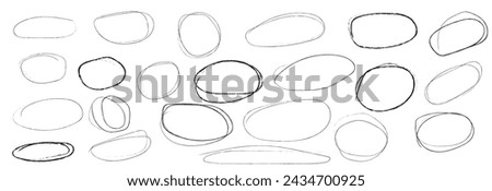 Hand drawn doodle grunge circle highlights. Charcoal pen round ovals. Marker scratch scribble in rounder. Round scrawl frames. freehand painted circular note, Vector file illustration,