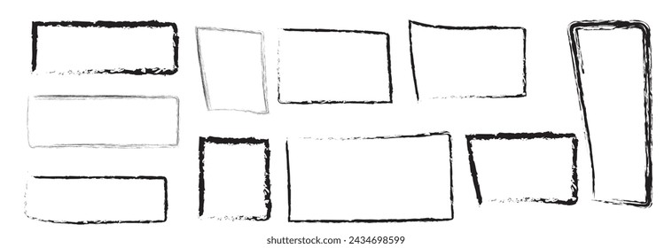 Hand drawn doodle grunge square highlights. Charcoal pen rectangle borders. Marker scratch scribble scrawl frames. Freehand painted angular note. Vector file illustration . EPS 10