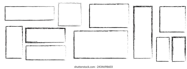 Hand drawn doodle grunge square highlights. Charcoal pen rectangle borders. Marker scratch scribble scrawl frames. Freehand painted angular note. Vector file illustration . EPS 10