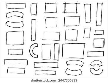 Dibujado a mano garabato grunge cuadrados resaltados. Bordes de rectángulo de lápiz de carbón. El marcador Doodle garabatea marcos. Colección de trazos marcos para énfasis, resaltado de texto, cuaderno de bocetos