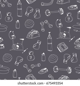 Hand drawn doodle gym elements. Graphic vector seamless pattern. Grey background, white elements