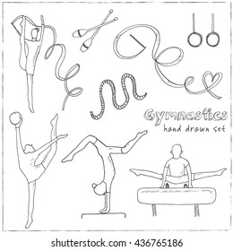 Hand drawn doodle gymnastics set isolated vector illustration