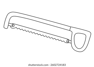 Hand drawn doodle hand hacksaw, vector illustration, black outline. Great for woodworking, metal cutting, DIY projects, and construction illustrations