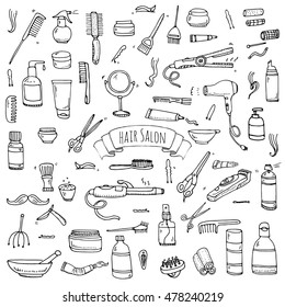 Hand drawn doodle Hair salon icons set. Vector illustration. Barber symbols collection. Cartoon hairdressing equipment elements: shampoo, mask, hair die, scissors, iron, curlers, dryer, razor.